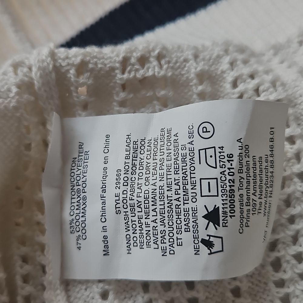 Tory Burch Tory Sport Cream V-Neck Sweater sz L  with Blue Accents - Picture 7 of 9